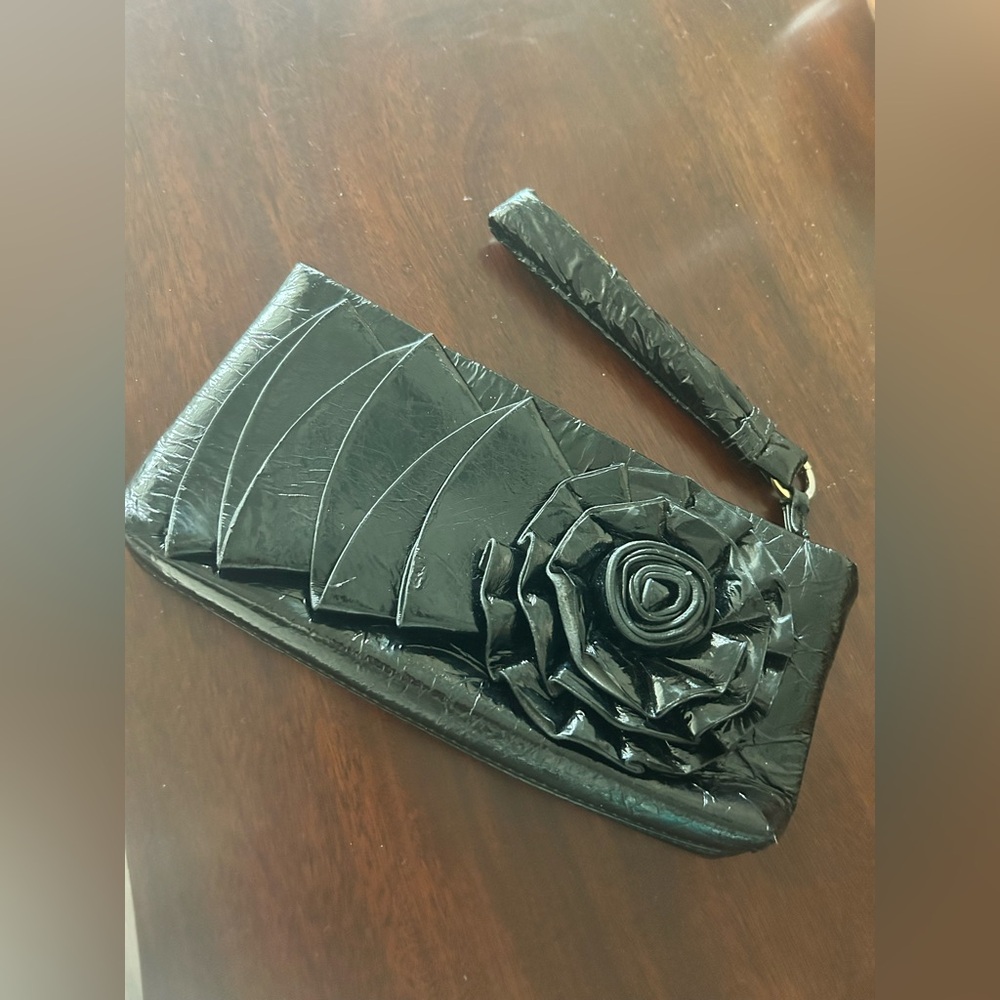 Vintage, Big Buddha,black clutch with rosette and wristlet strap